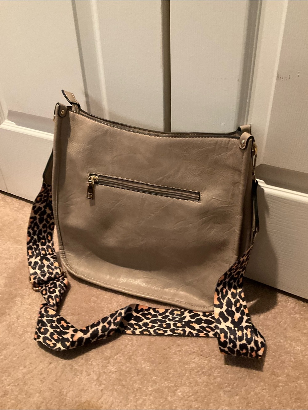 Beige Crossbody Bag with Leopard Strap